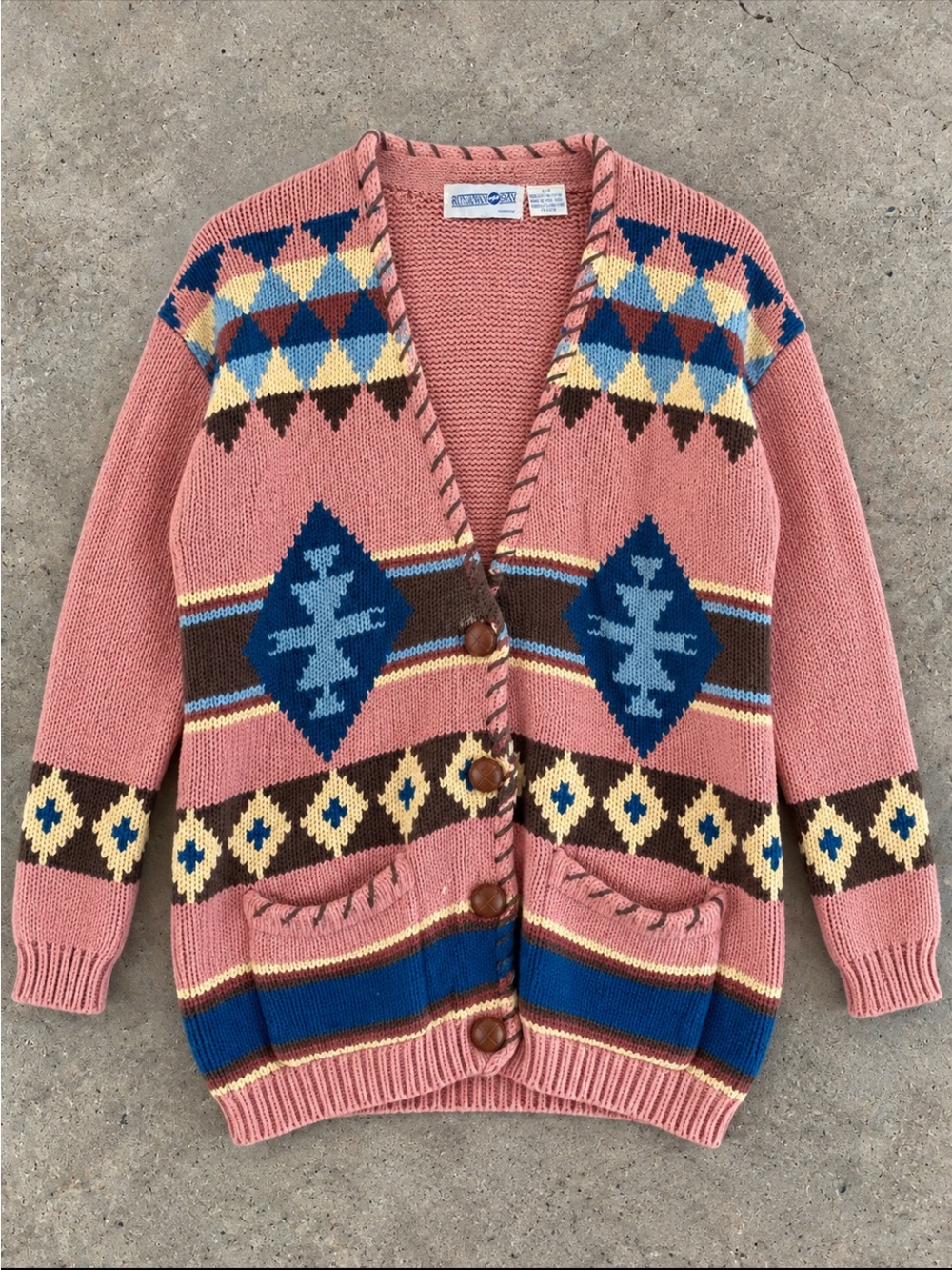 Vintage Runaway Bay Southwestern Cardigan Woman Small Pink Aztec Cotton Sweater